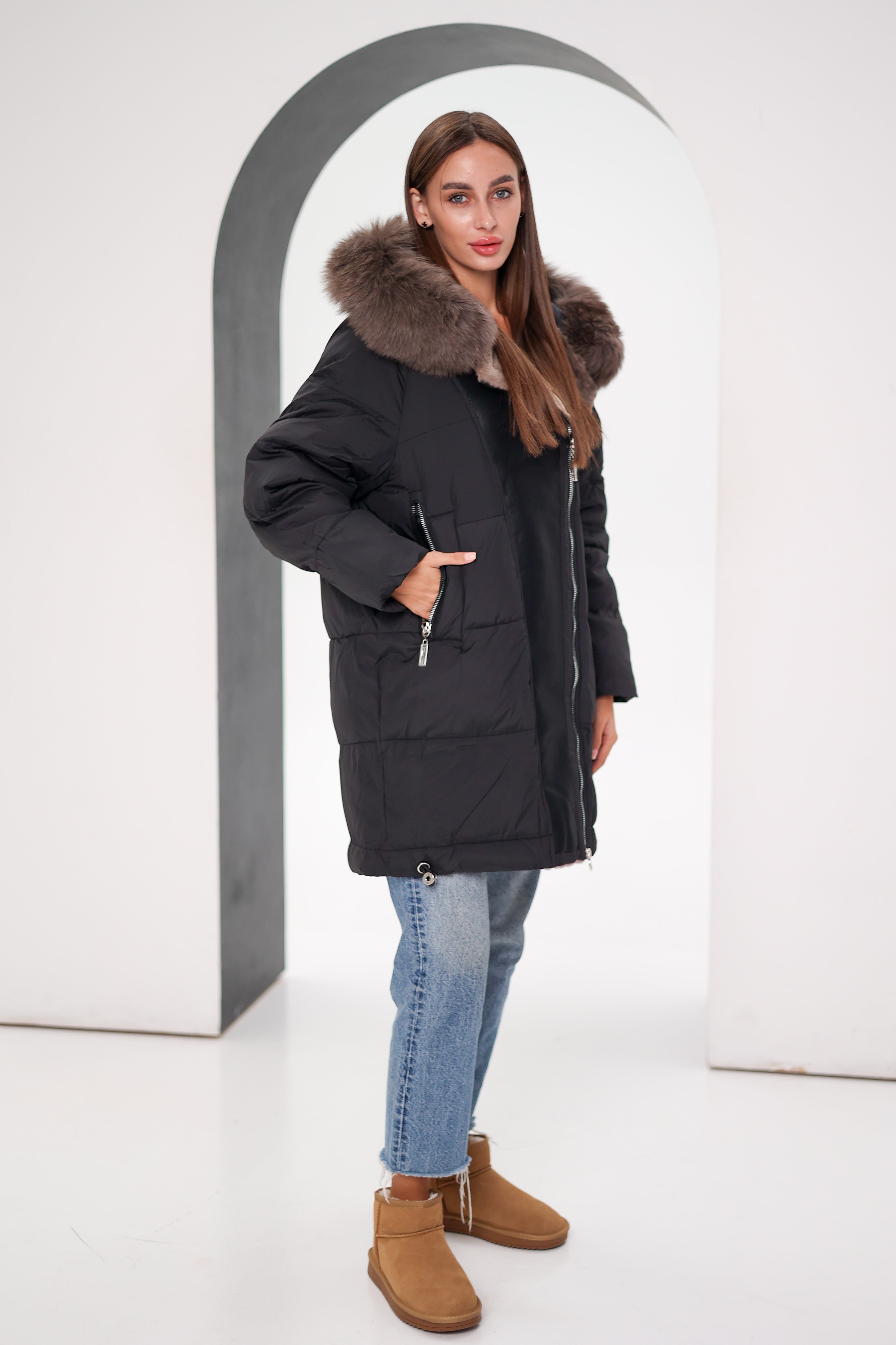 Genuine Polar Fox Insulated Coat | Black