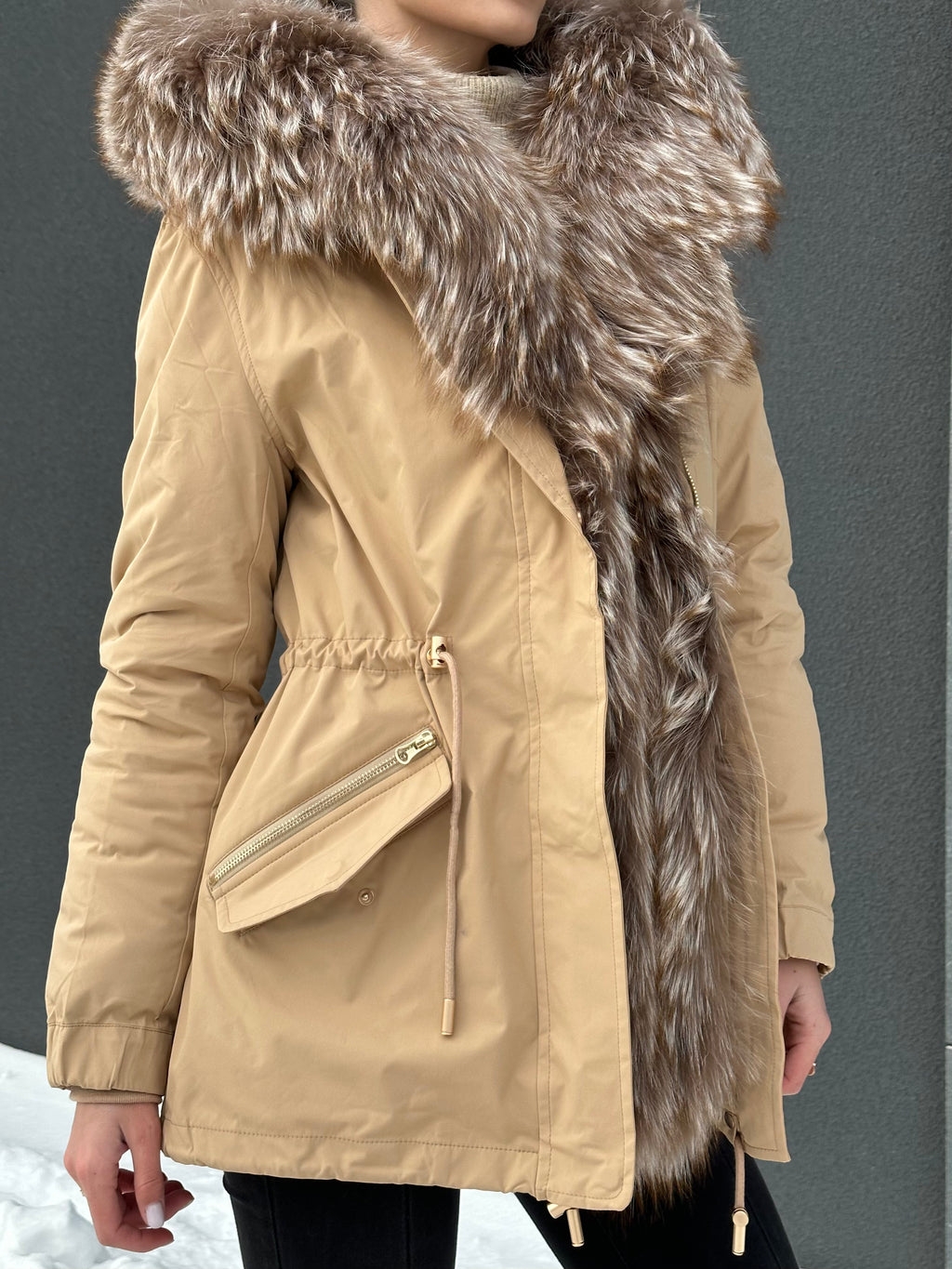 Genuine Silver Fur Trim Parka with Rabbit Fur Insulation Khaki