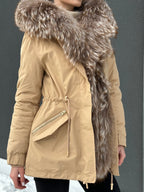 Genuine Silver Fur Trim Parka with Rabbit Fur Insulation Khaki