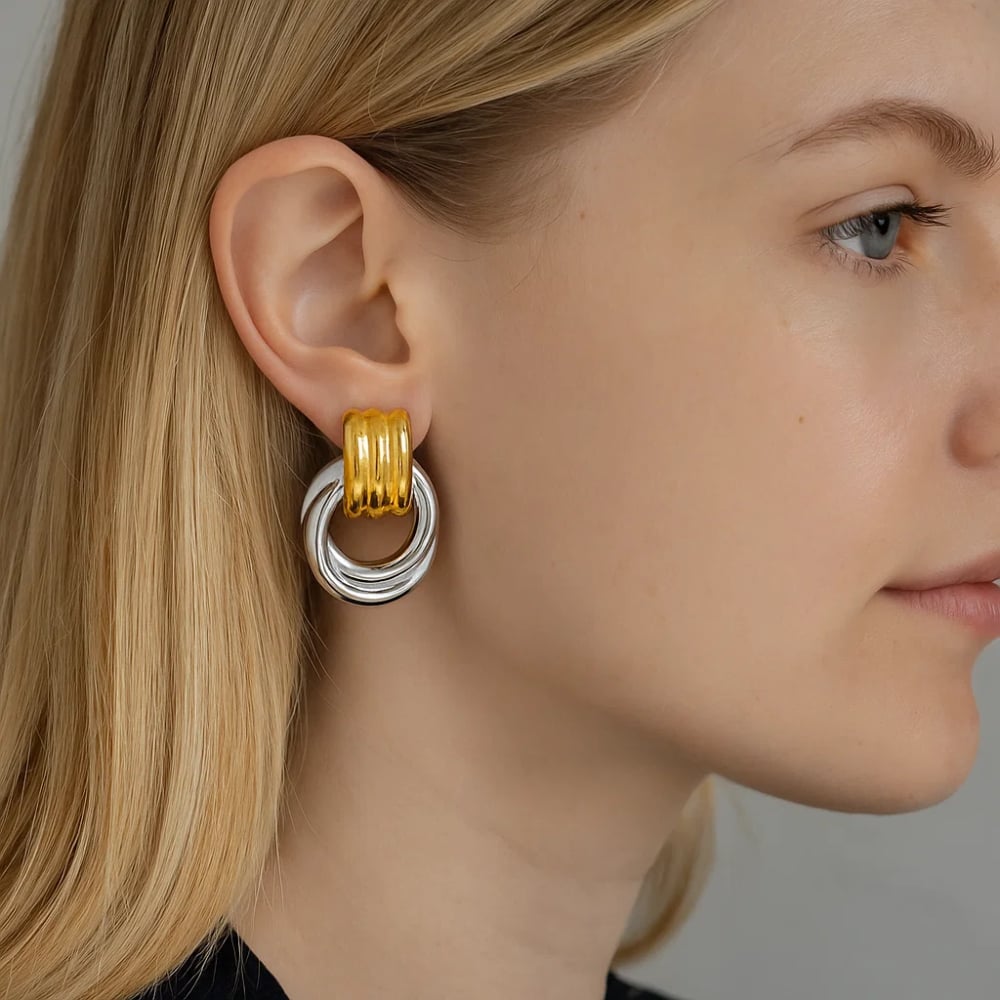 Luna Link Mixed Metal Two-Tone Earrings Retro-Chic Circle Drops