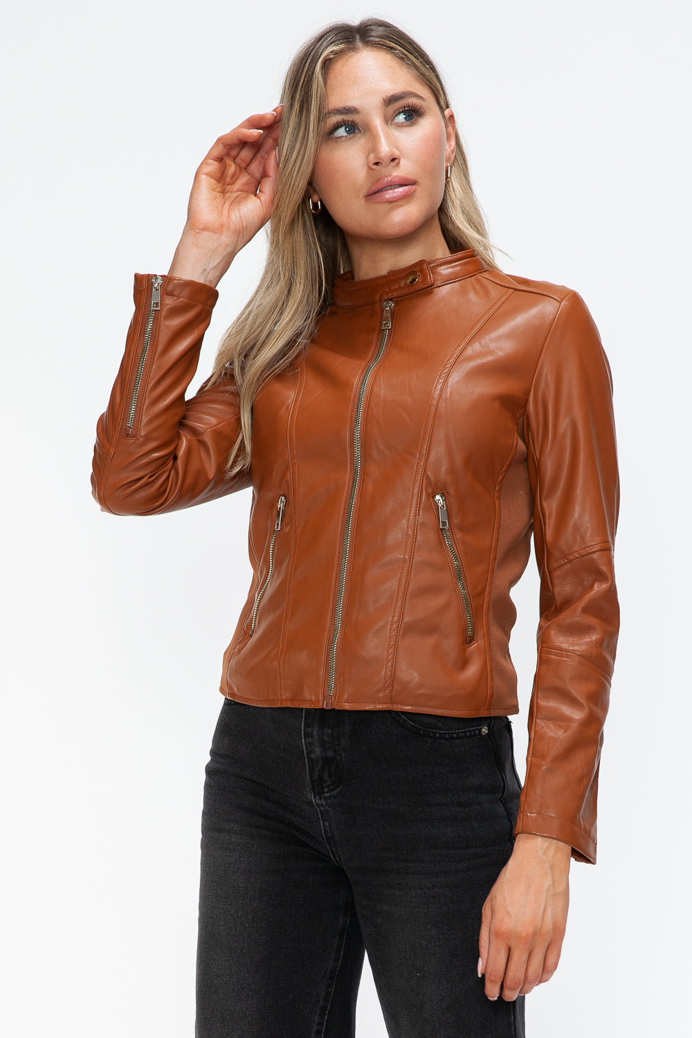 Camel Leather Zip-Up Drawstring Hooded Jacket