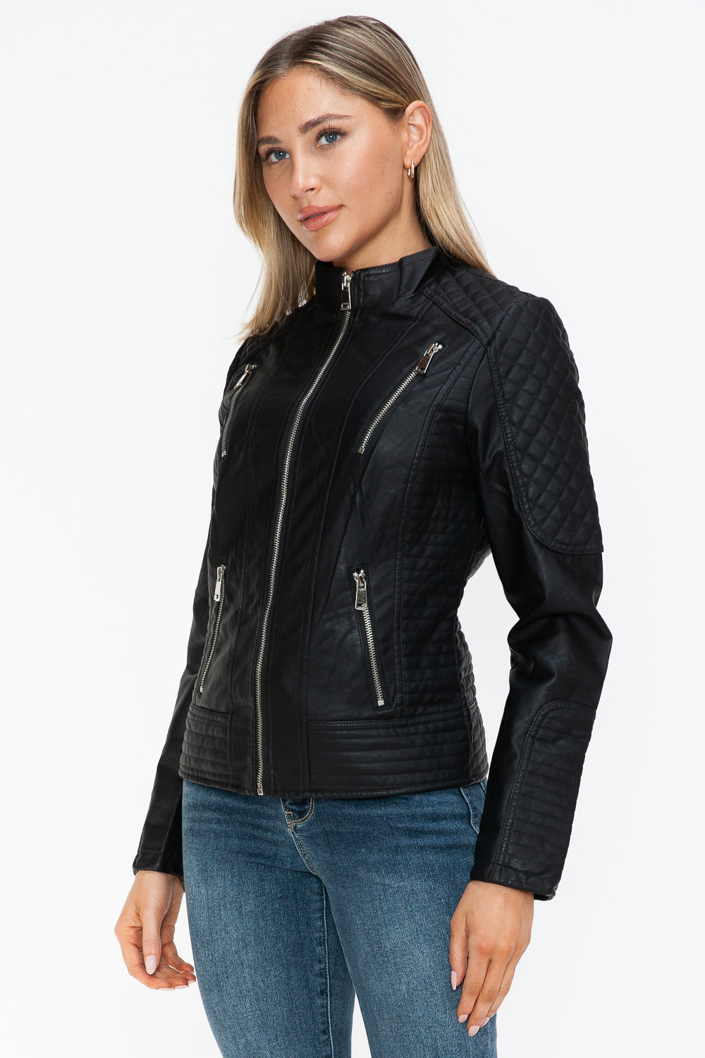 Black Faux Leather Zip-Up Mock Neck Jacket