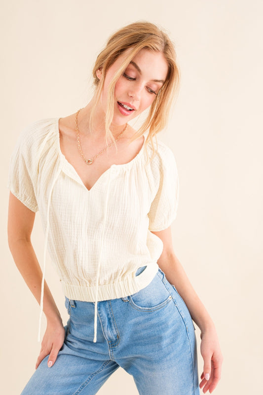 Back Waist Tie Cropped Blouse