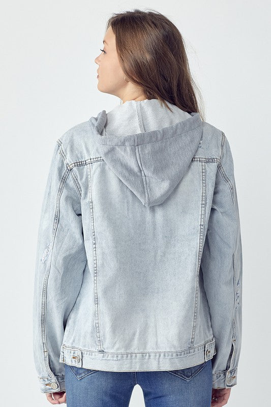 Light Denim Distressed Drawstring Hooded Jacket