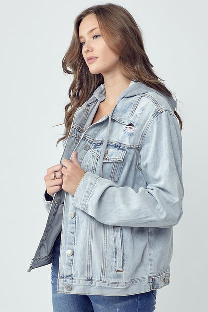 Light Denim Distressed Drawstring Hooded Jacket