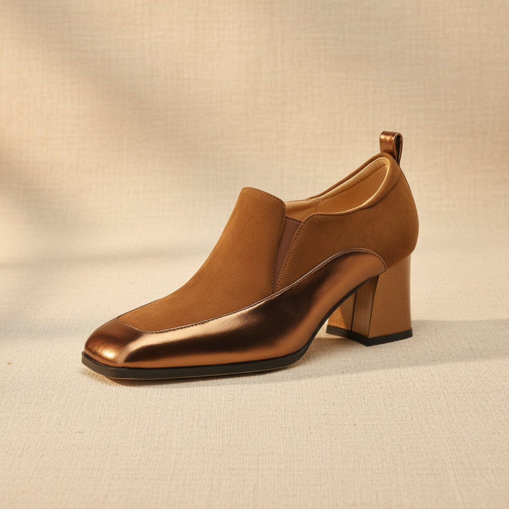 Women's Retro Cowhide Square Toe Chunky Heel | Slip-On Pumps