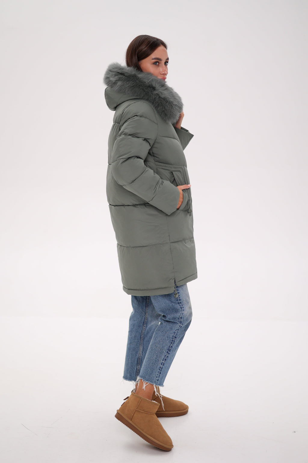 Genuine Polar Fox Trim Bio Down Coat | Sage