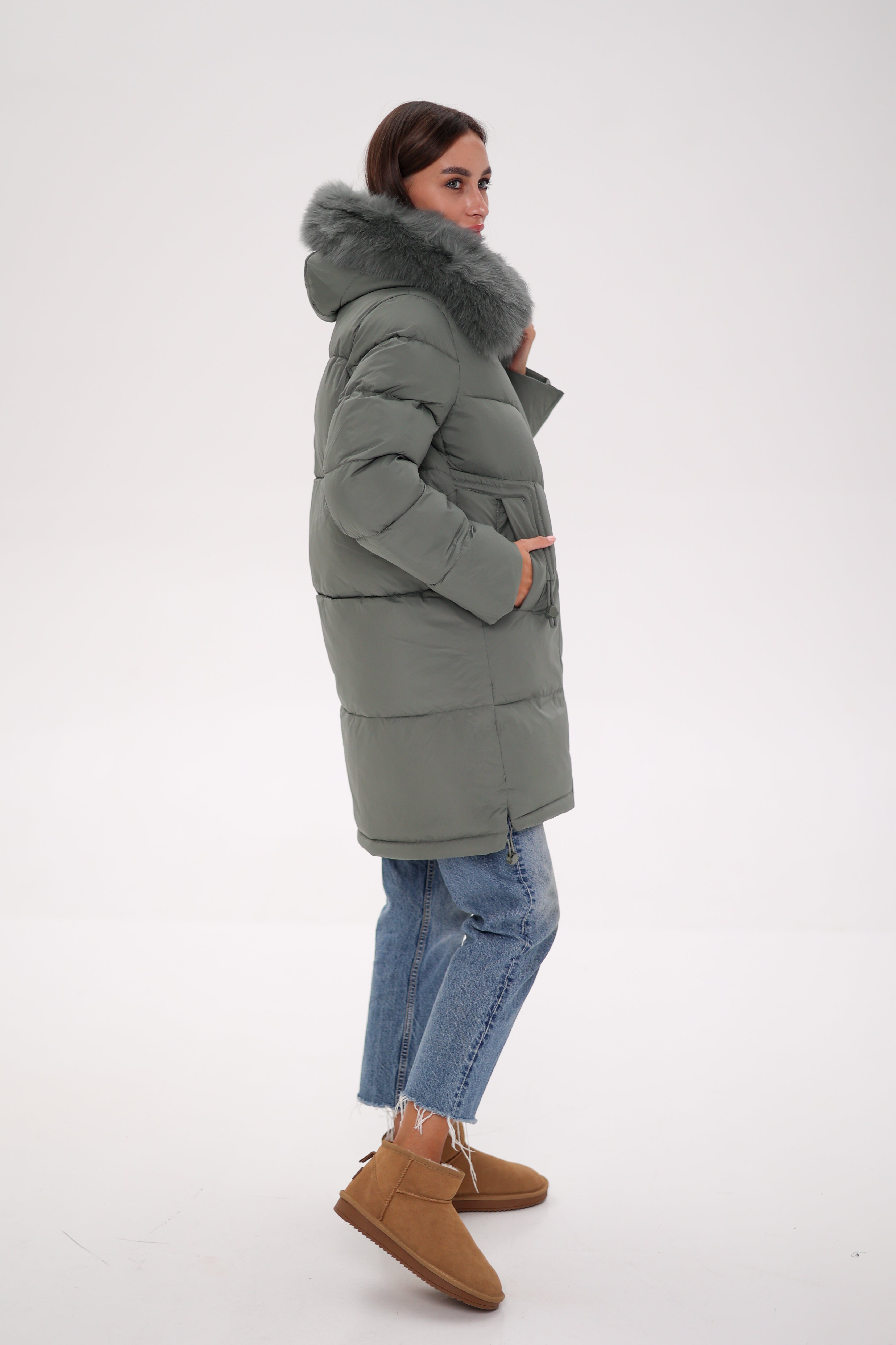 Genuine Polar Fox Trim Bio Down Coat | Sage