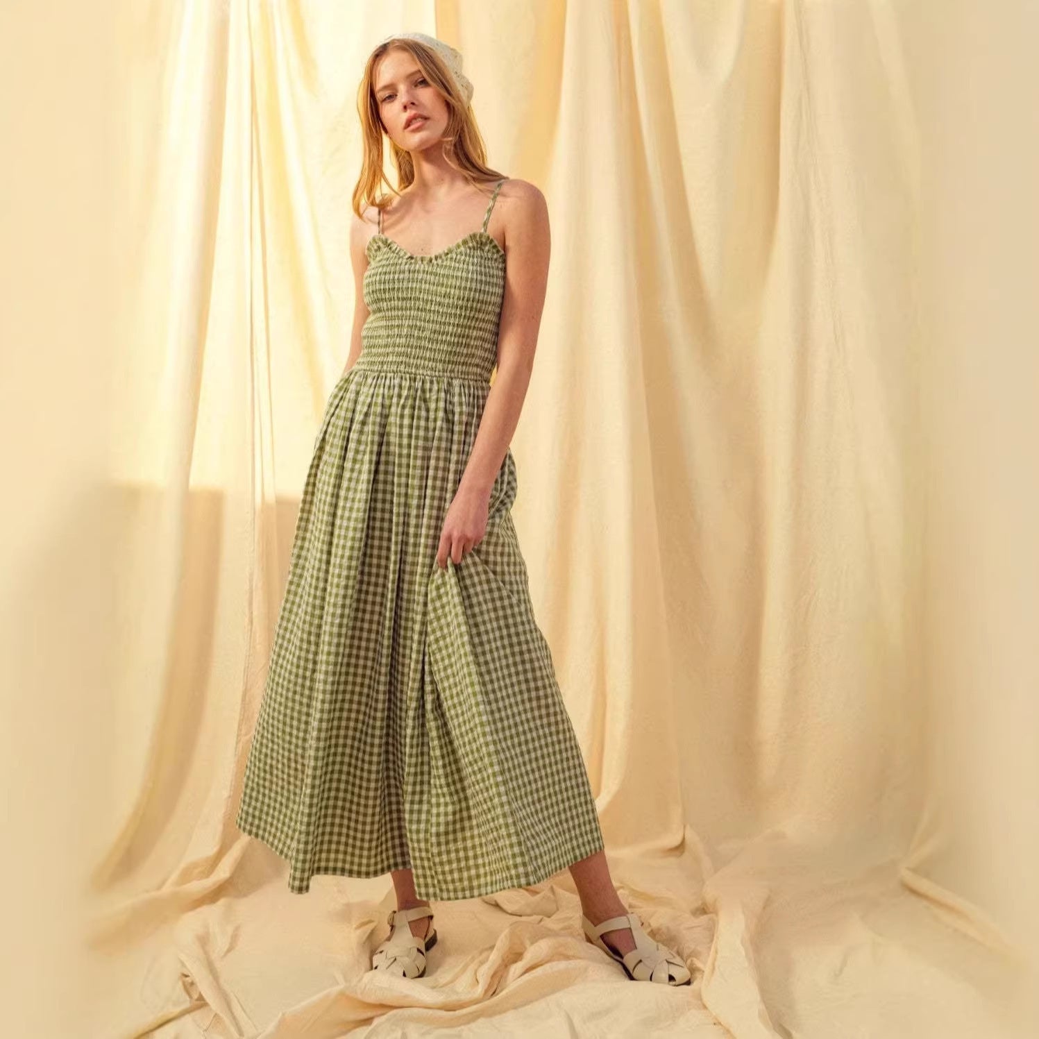 Women's Retro Plaid Sleeveless A-Line Maxi Dress
