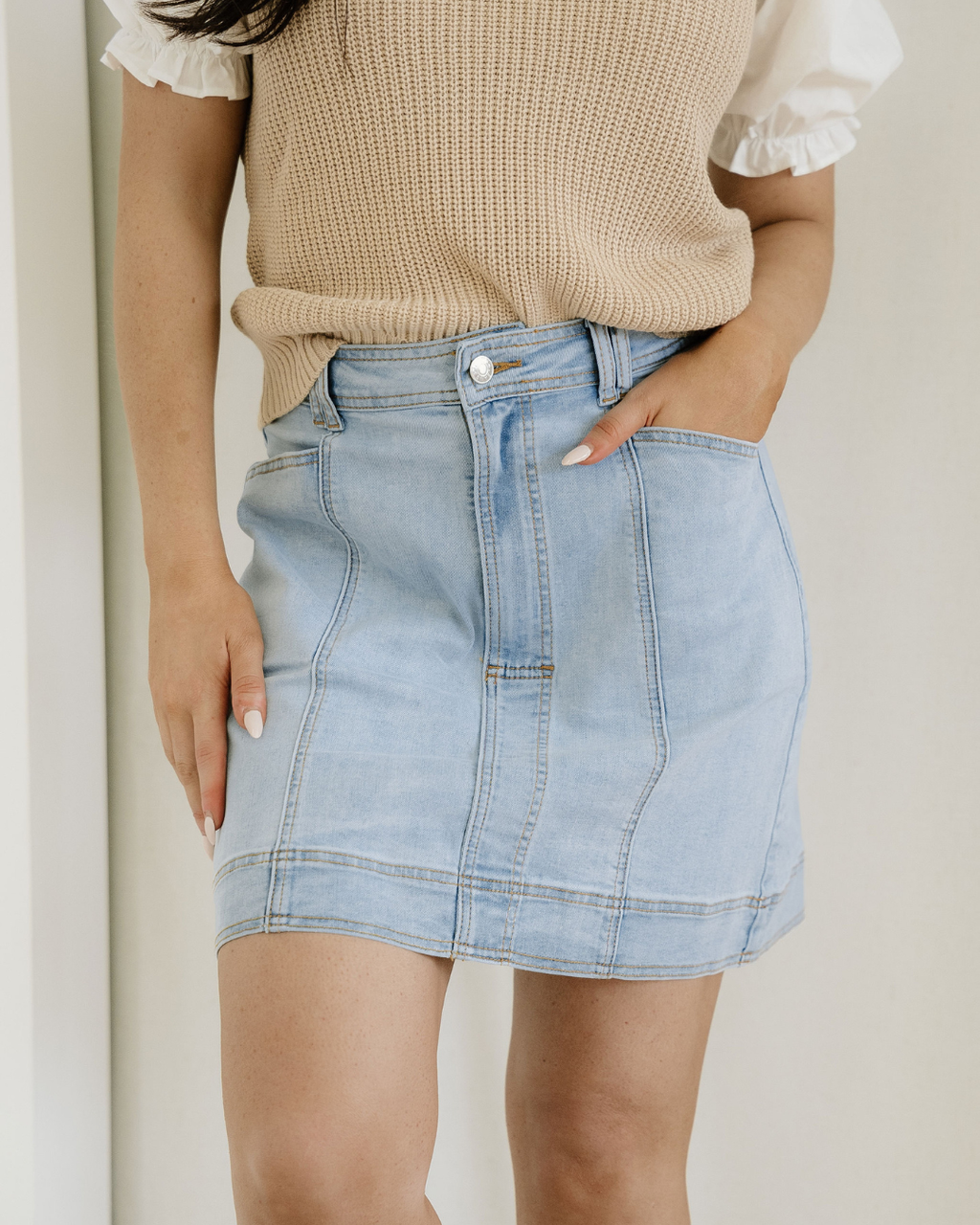 Juliet Exposed Seam Detail A-Line Denim Mini Skirt with Pockets