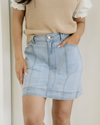 Juliet Exposed Seam Detail A-Line Denim Mini Skirt with Pockets