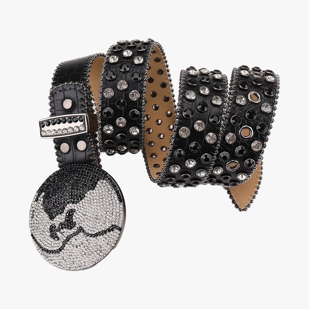 Black Strap Earth World Buckle Belt with Silver & Black Studded Rhinestone
