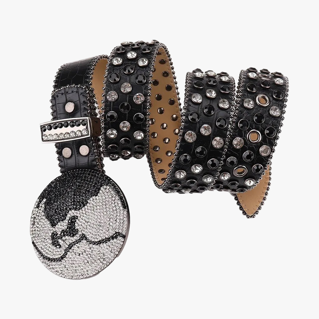 Black Strap Earth World Buckle Belt with Silver & Black Studded Rhinestone