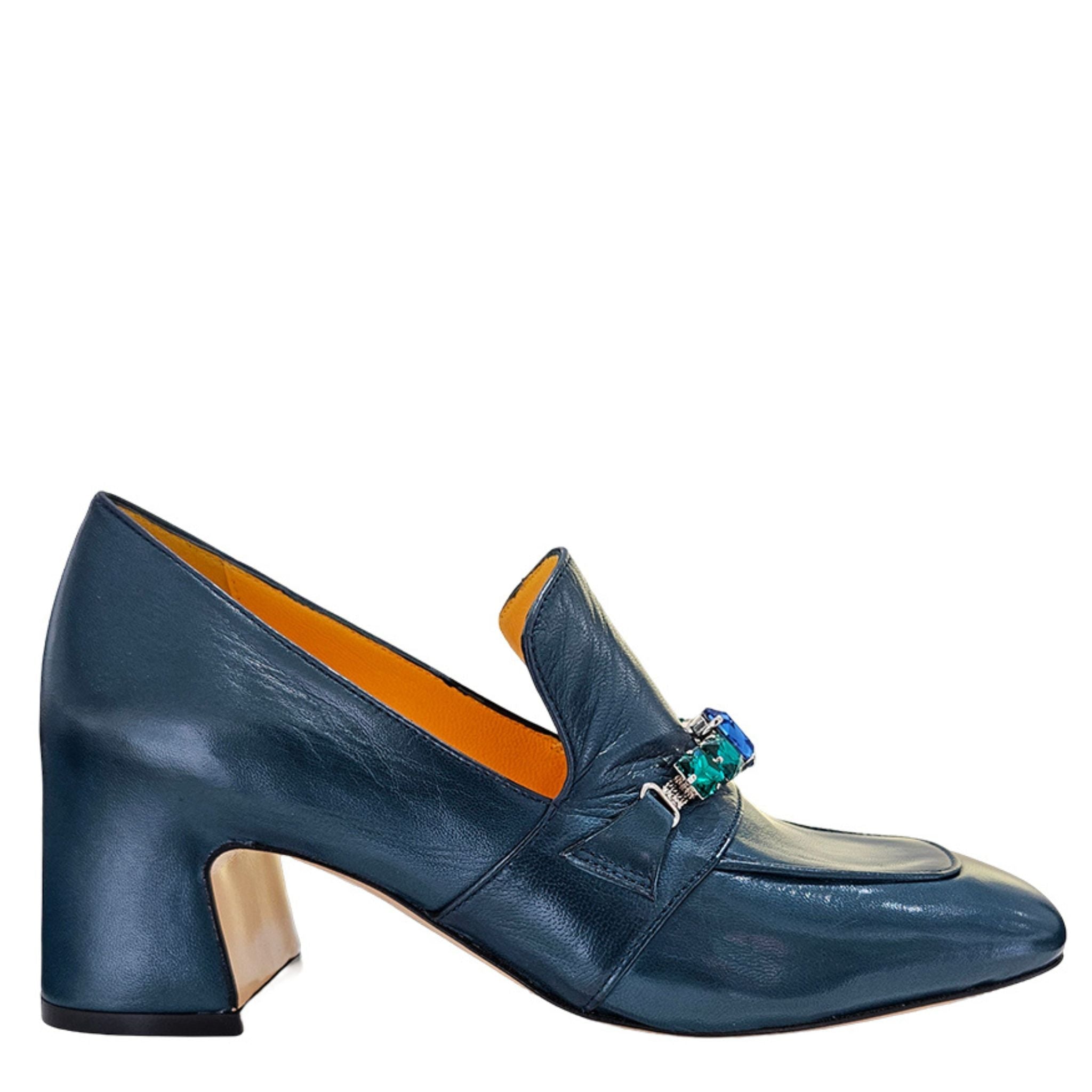 Madison Maison Navy Leather Mid Heel Jeweled Loafer