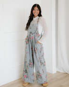 Floral Pleated Wide Leg Denim Overalls