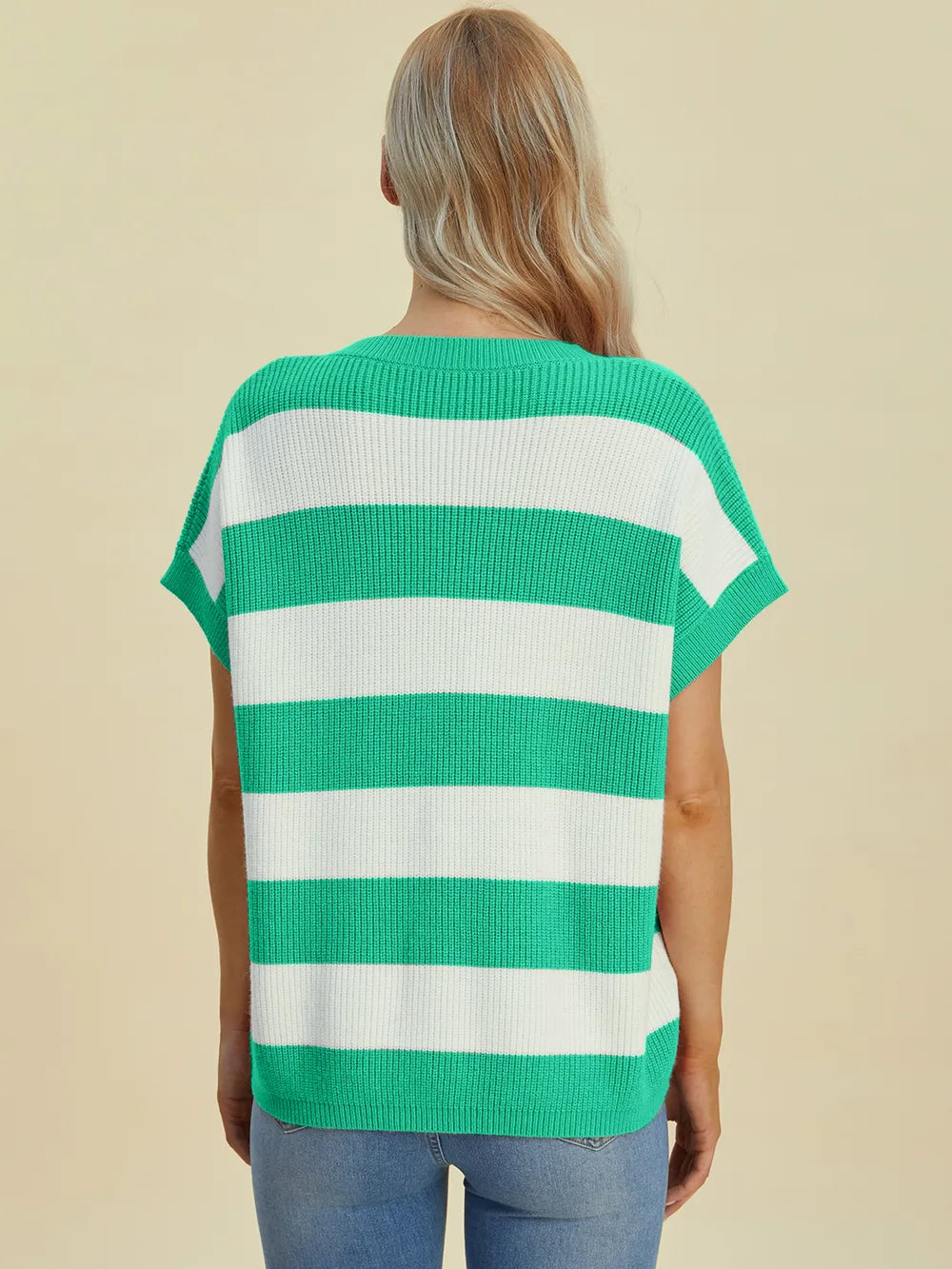Double Take Striped V-Neck Short Sleeve Sweater