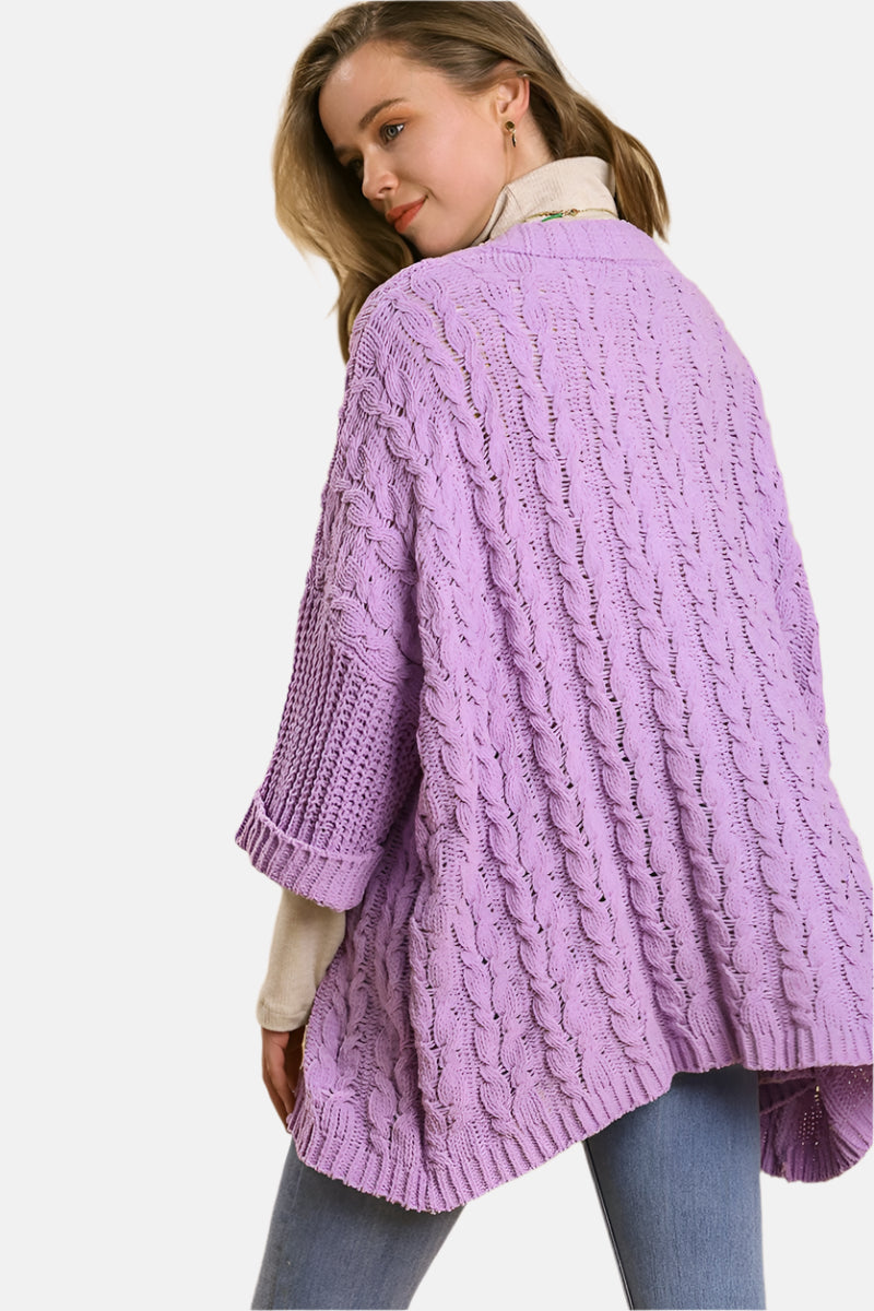 Cable Knit Open Front Long Sleeve Cardigan Lilac