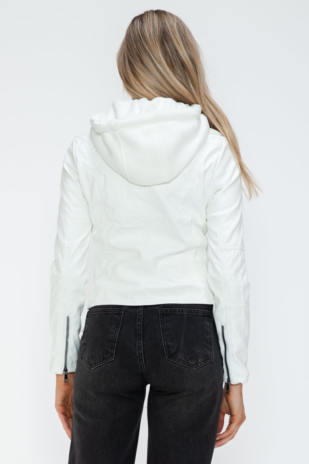 White Leather Zip-Up Drawstring Hooded Jacket