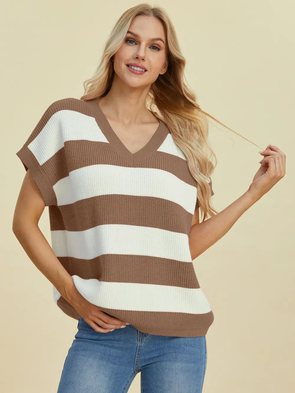 Double Take Striped V-Neck Short Sleeve Sweater