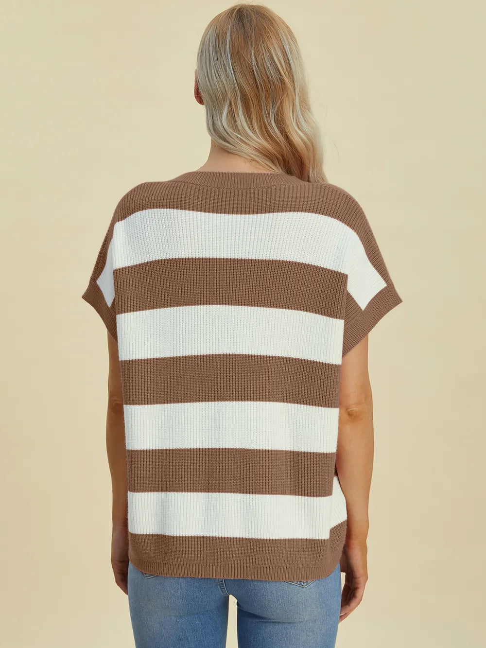 Double Take Striped V-Neck Short Sleeve Sweater