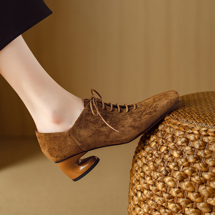 Women's Retro Sheepskin Square Toe Chunky Heel Pumps | Lace-Up Mid Heel