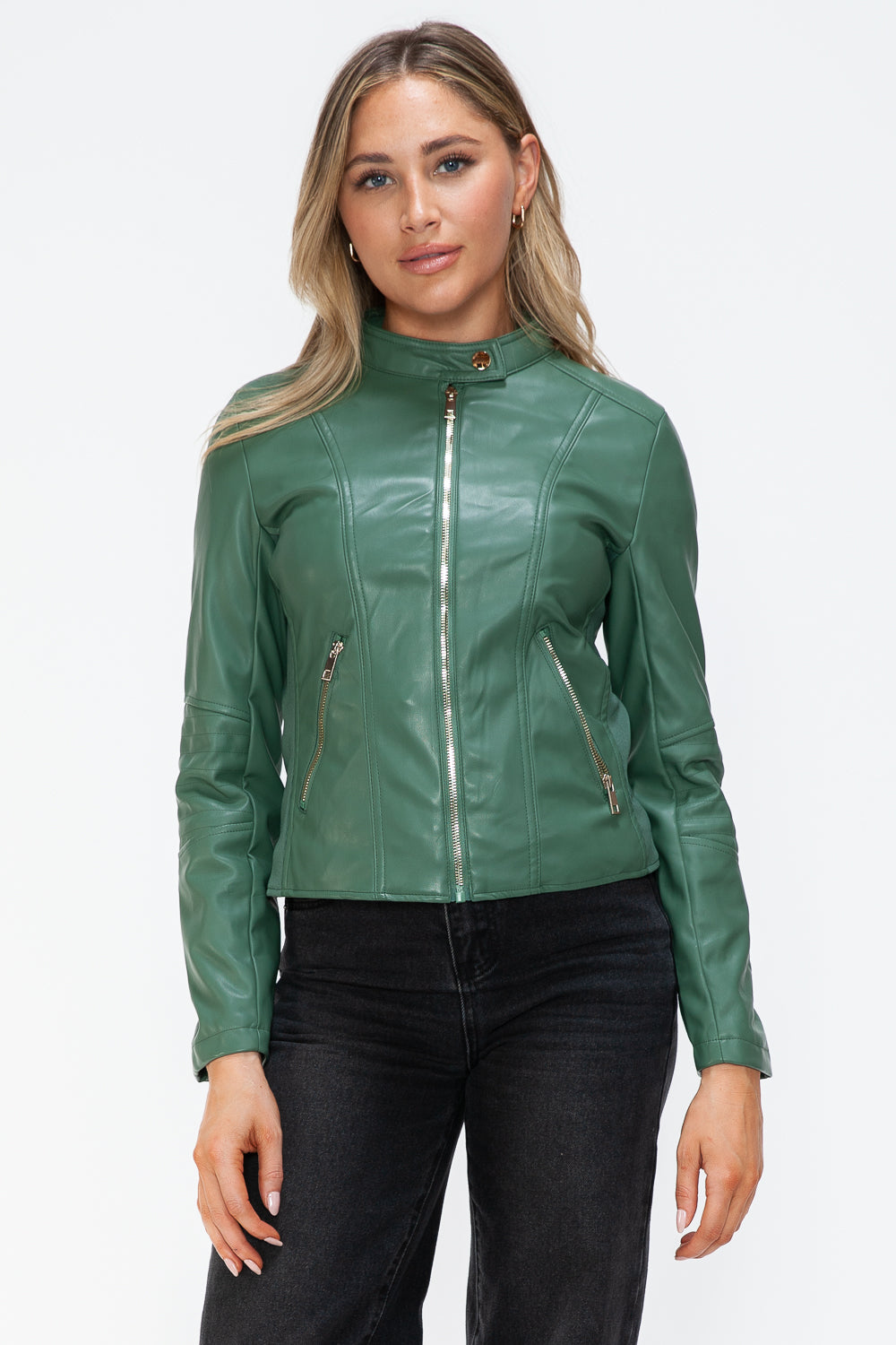 Sage Leather Zip-Up Drawstring Hooded Jacket