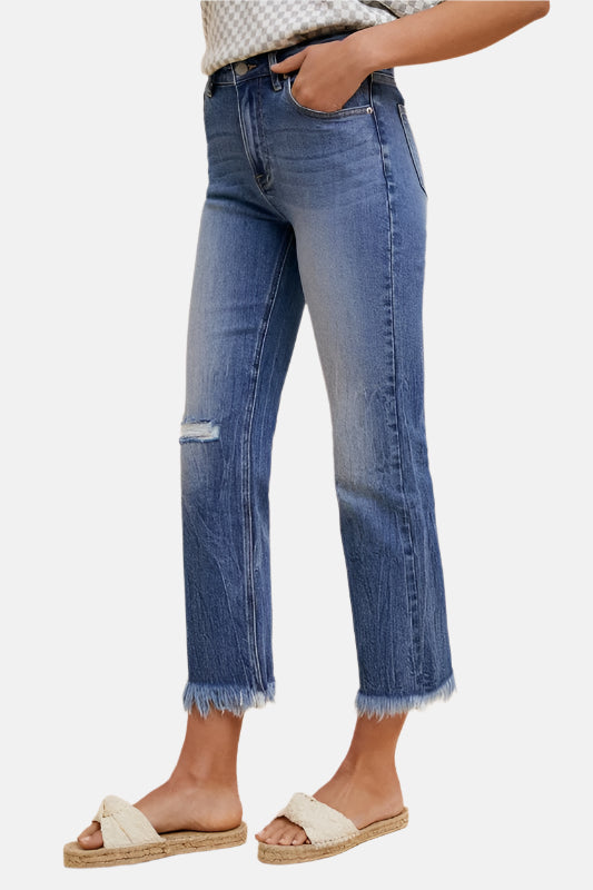 Distressed Raw Hem Straight Leg Cropped Jeans