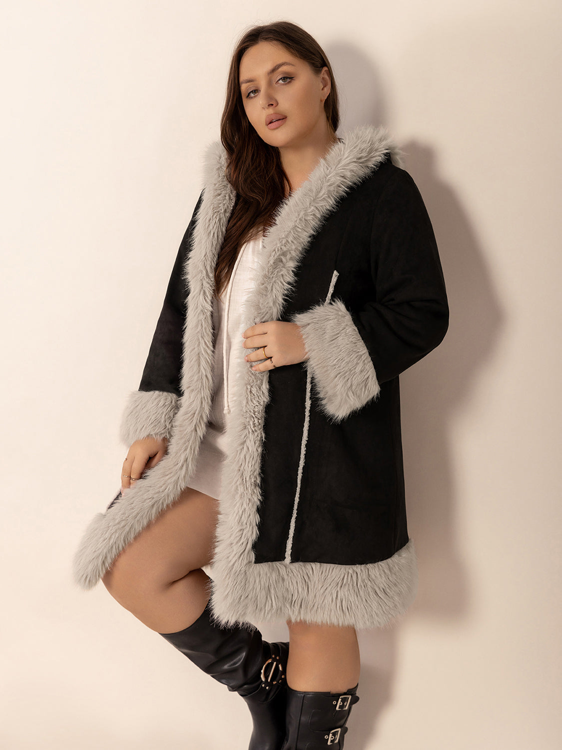 Fuzzy Trim Open Front Long Sleeve Hooded Coat