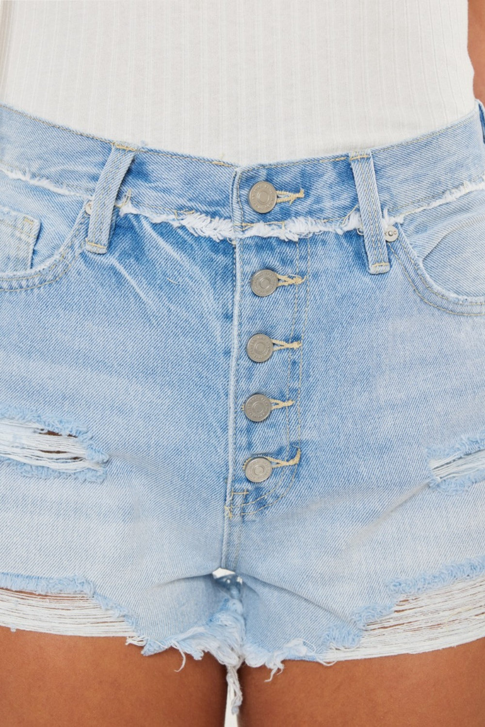 Mid Wash Distressed Button Fly Denim Shorts