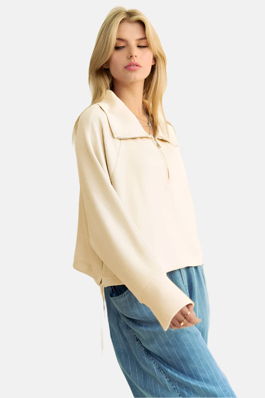 Drawstring Hem Half Zip Sweatshirt Ivory