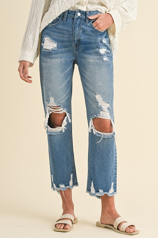 Distressed Raw Hem Cropped Jeans