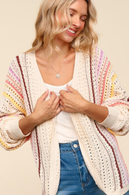 Striped Crochet Open Front Cardigan