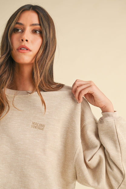 Letter Embroidery Crop Sweatshirt Taupe