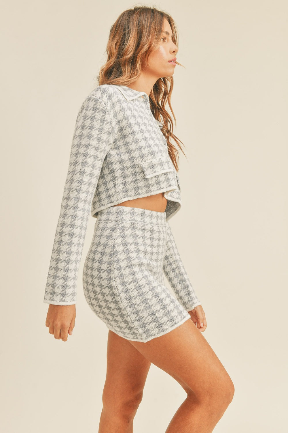 Houndstooth Cropped Knit Cardigan and Mini Skirt Set Blue