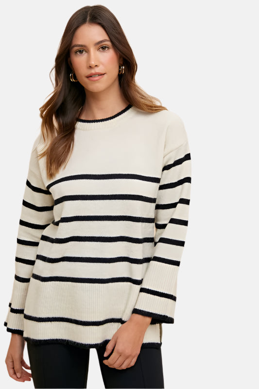 Side Slit Striped Round Neck Sweater