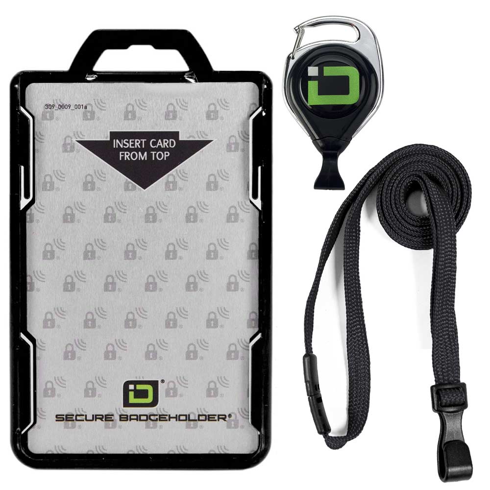 Secure Badge Holder Duolite ® Vertical 2 ID Card Holder Retractable Reel and Lanyard Bundle