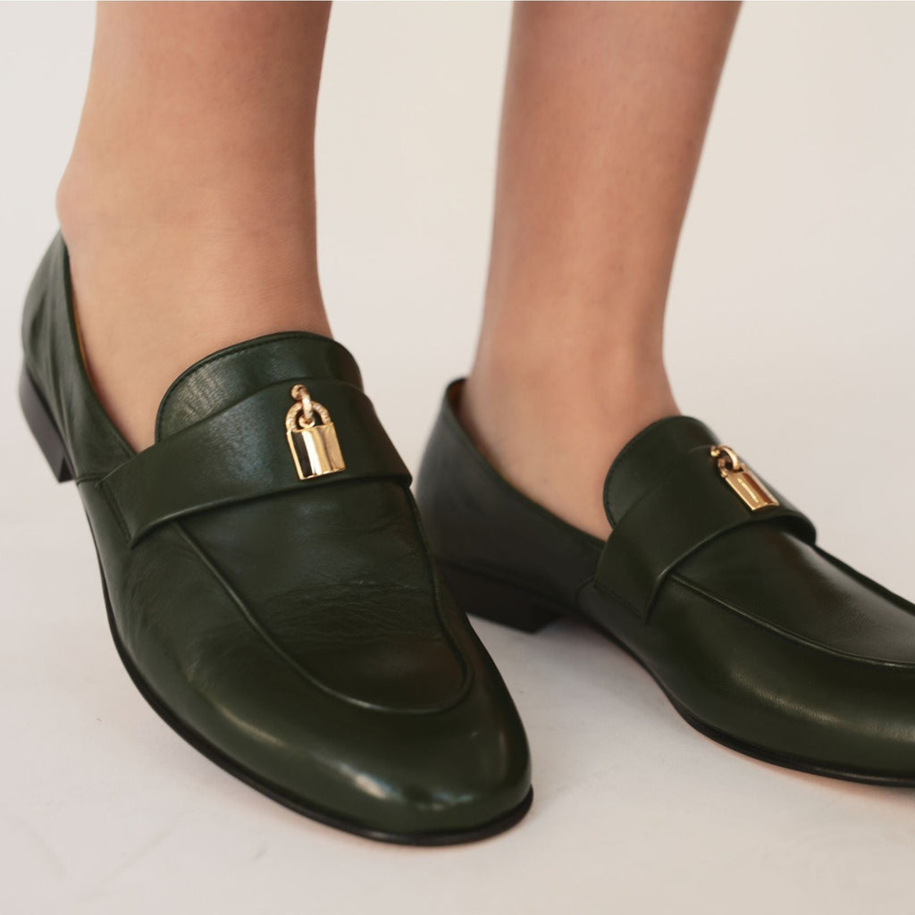 Madison Maison Green Leather Lock Flat Loafer