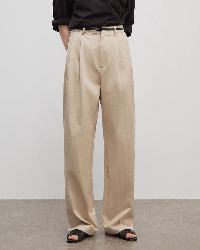 Spliced Double-Pleat Wide Leg Straight Trousers