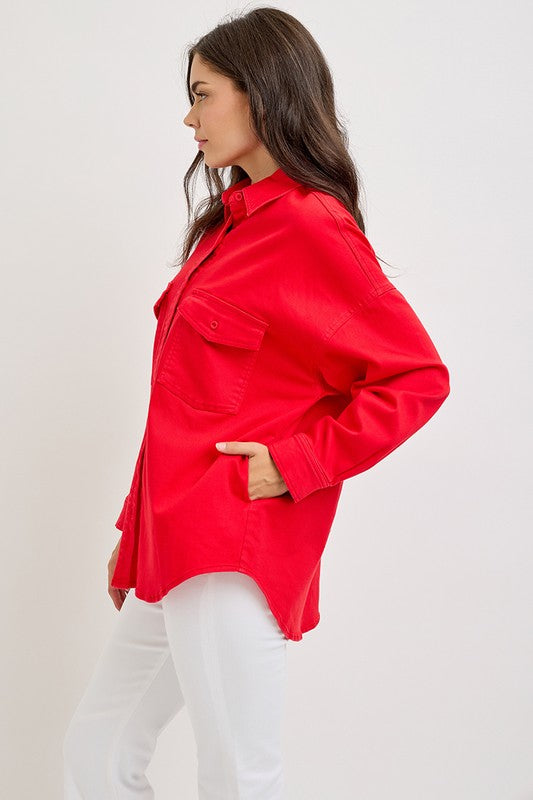 Button Down Long Sleeve Denim Shacket with Pockets