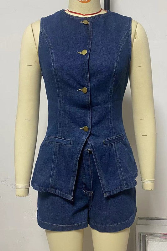 Denim Vest and Shorts Set
