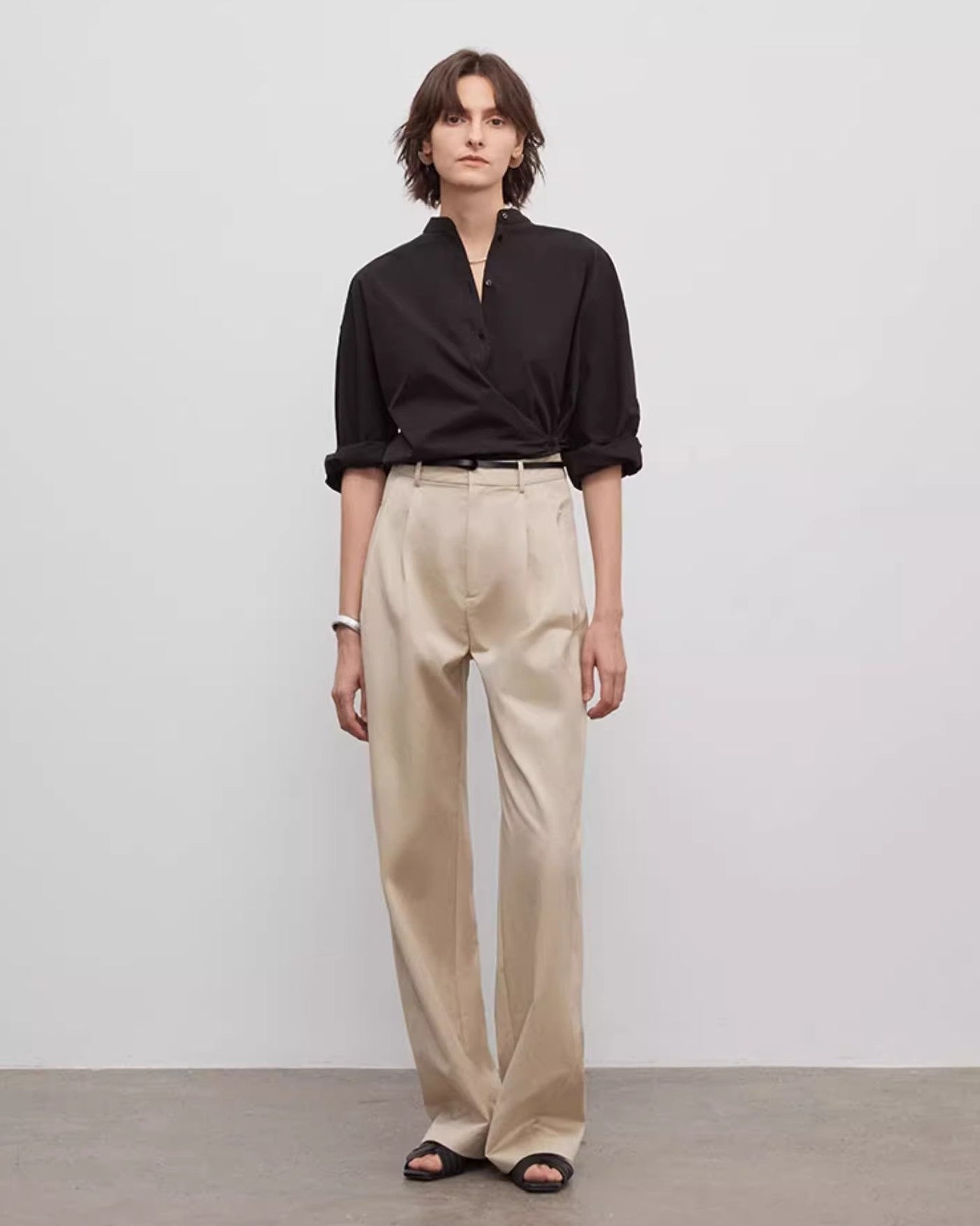 Spliced Double-Pleat Wide Leg Straight Trousers