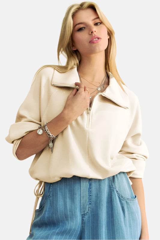 Drawstring Hem Half Zip Sweatshirt Ivory