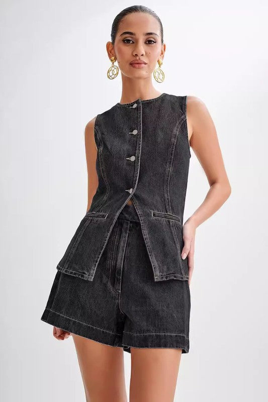 Denim Vest and Shorts Set