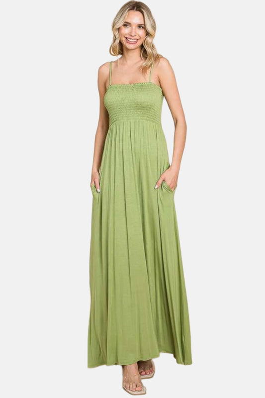 Smocked Cami Maxi Dress with Pockets Olive