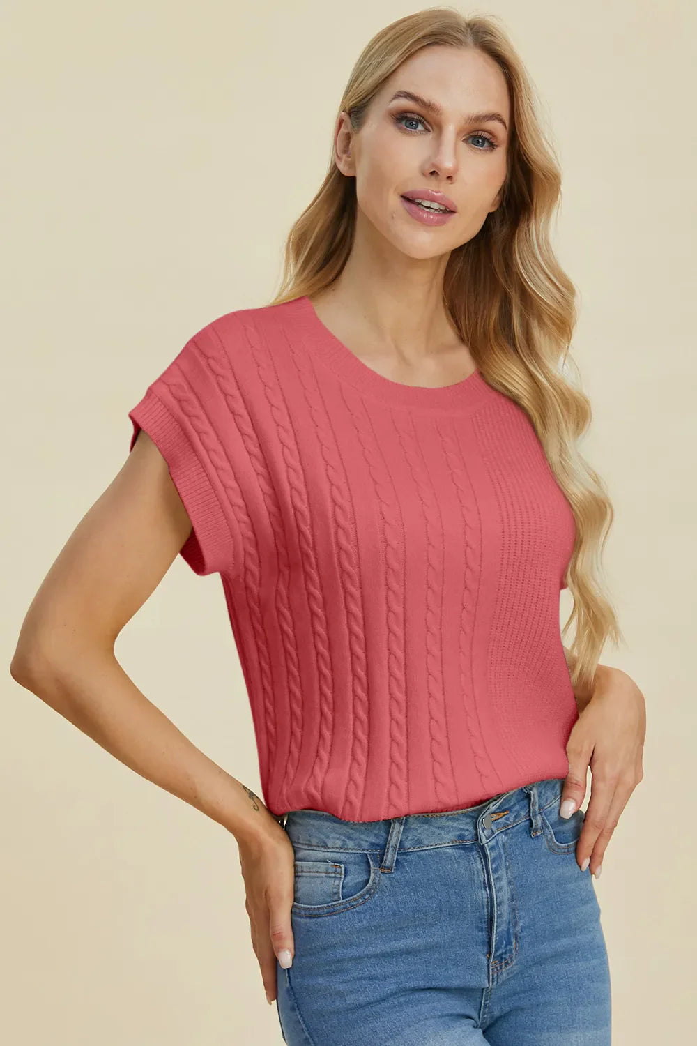 Double Take Cable-Knit Round Neck Short Sleeve Sweater