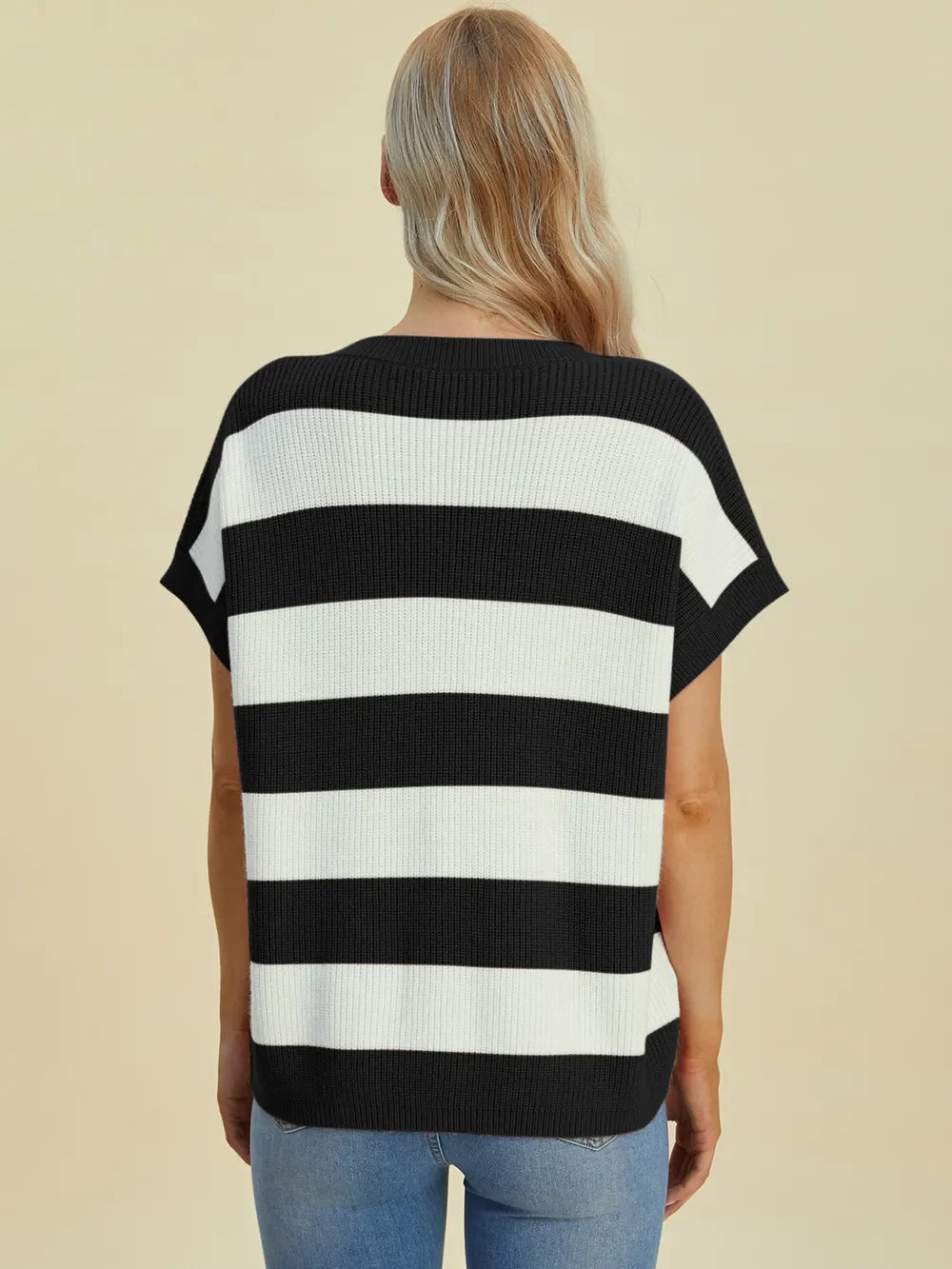 Double Take Striped V-Neck Short Sleeve Sweater