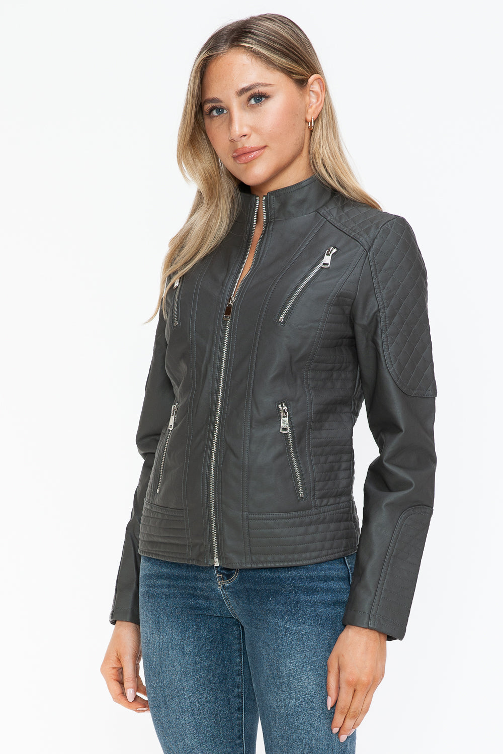 Charcoal Faux Leather Zip-Up Mock Neck Jacket