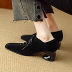 Women's Retro Sheepskin Square Toe Chunky Heel Pumps | Lace-Up Mid Heel