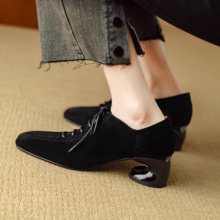 Women's Retro Sheepskin Square Toe Chunky Heel Pumps | Lace-Up Mid Heel
