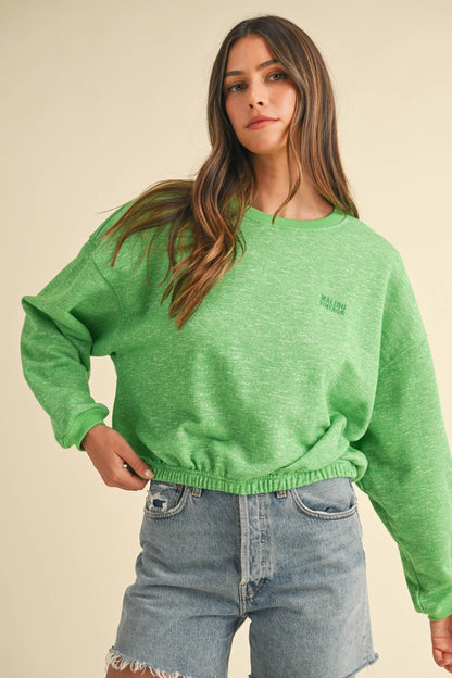 Letter Embroidery Crop Sweatshirt Green